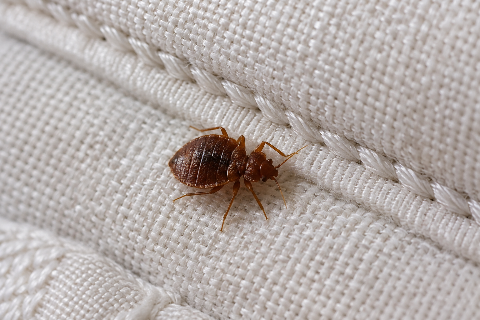 Adult bed bug beside a mattress seam